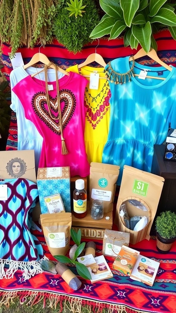 A collection of hippie gifts including tie-dye shirts, handmade jewelry, and eco-friendly items on a colorful blanket.